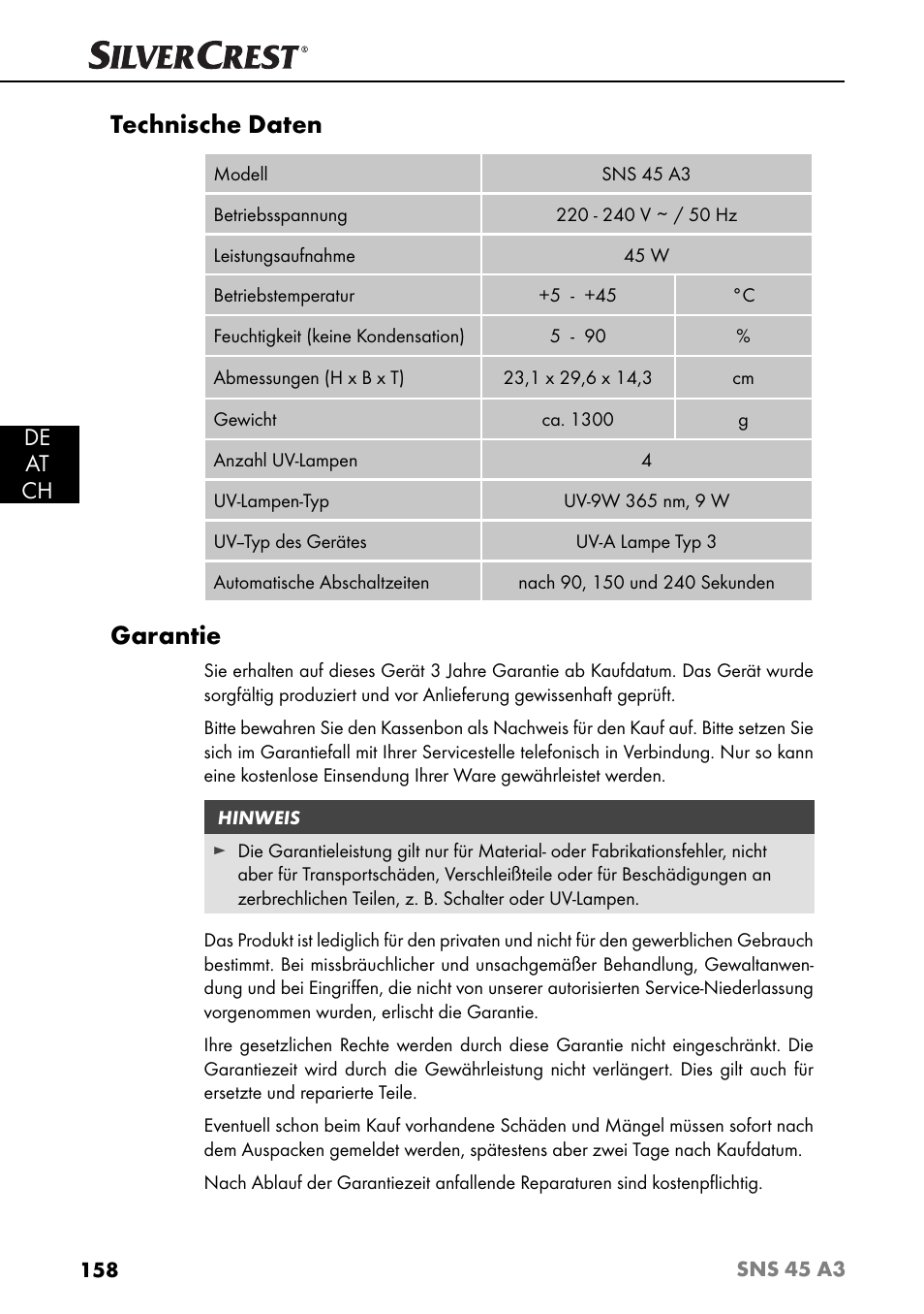 Technische daten, Garantie, De at ch | Silvercrest SNS 45 A3 User Manual | Page 161 / 163