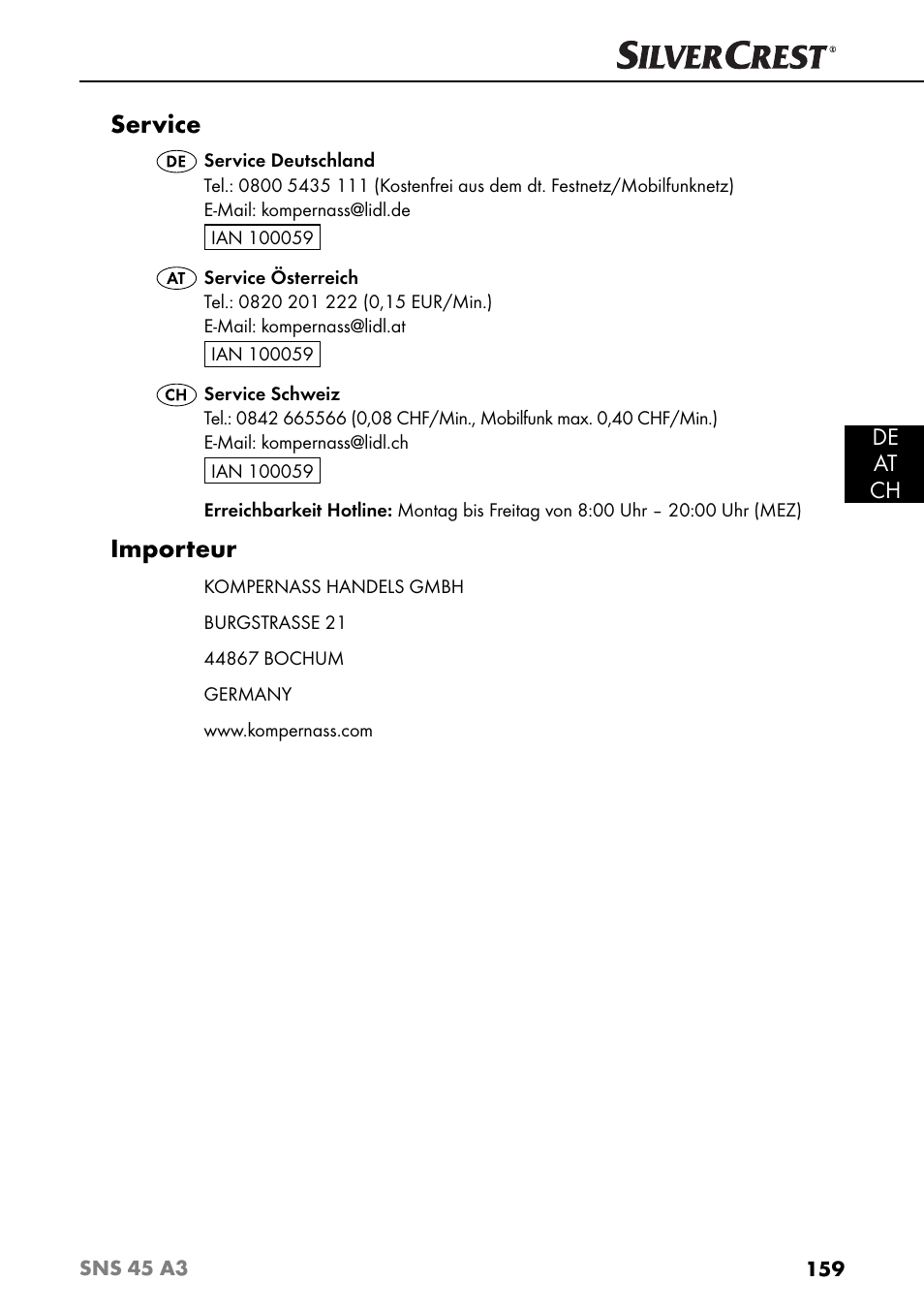 Service, Importeur, De at ch | Silvercrest SNS 45 A3 User Manual | Page 162 / 163