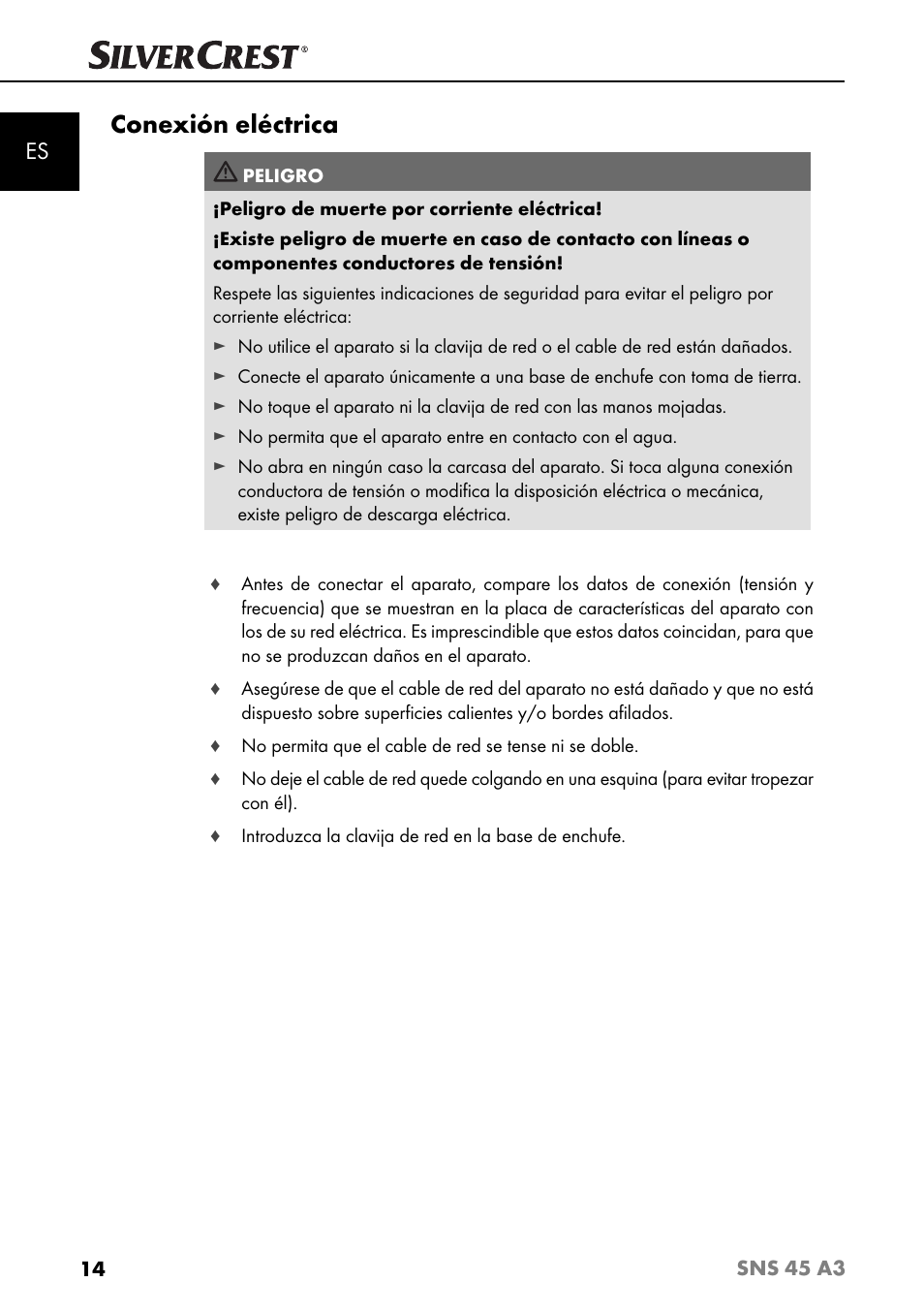 Conexión eléctrica | Silvercrest SNS 45 A3 User Manual | Page 17 / 163