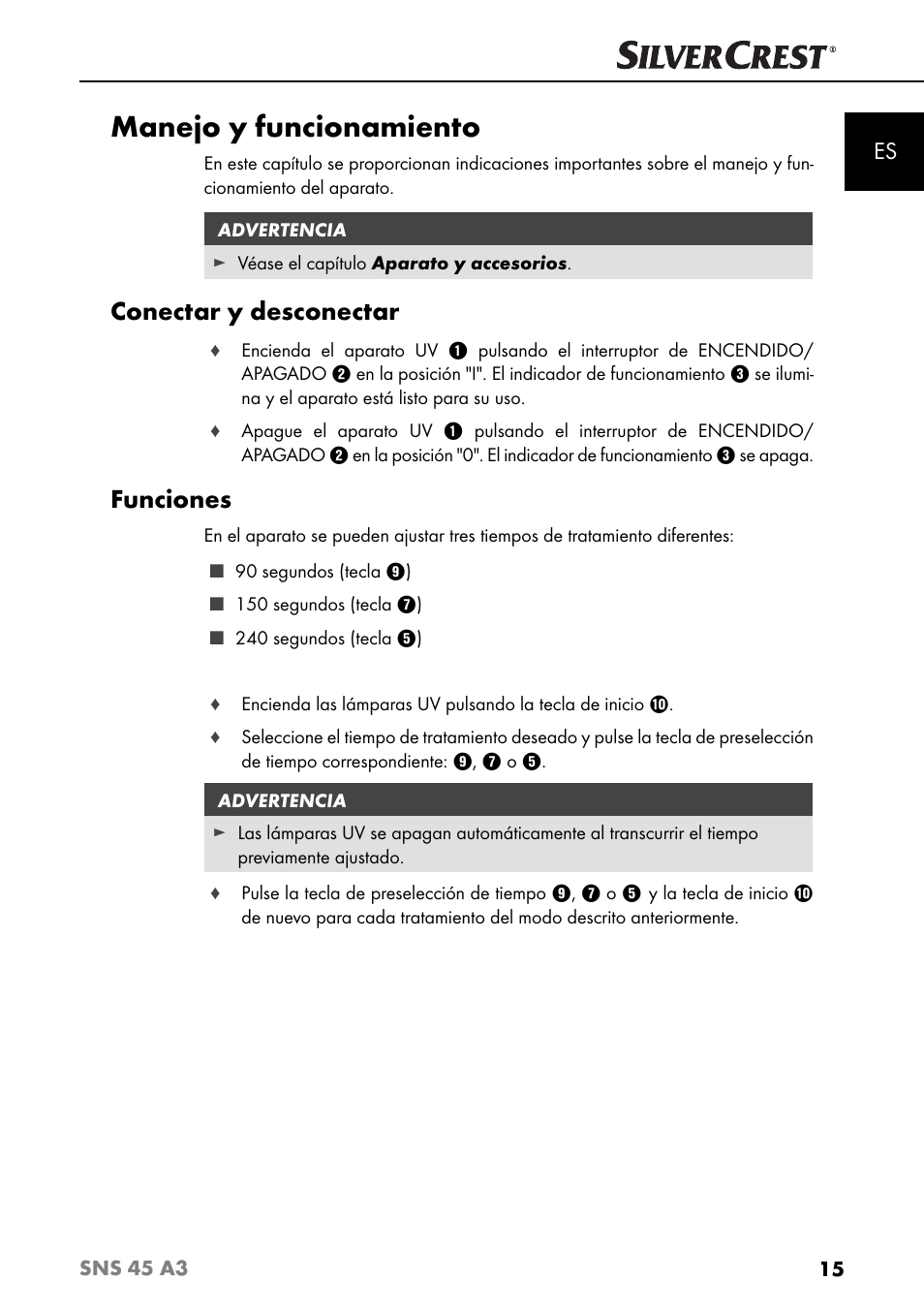 Manejo y funcionamiento, Conectar y desconectar, Funciones | Silvercrest SNS 45 A3 User Manual | Page 18 / 163