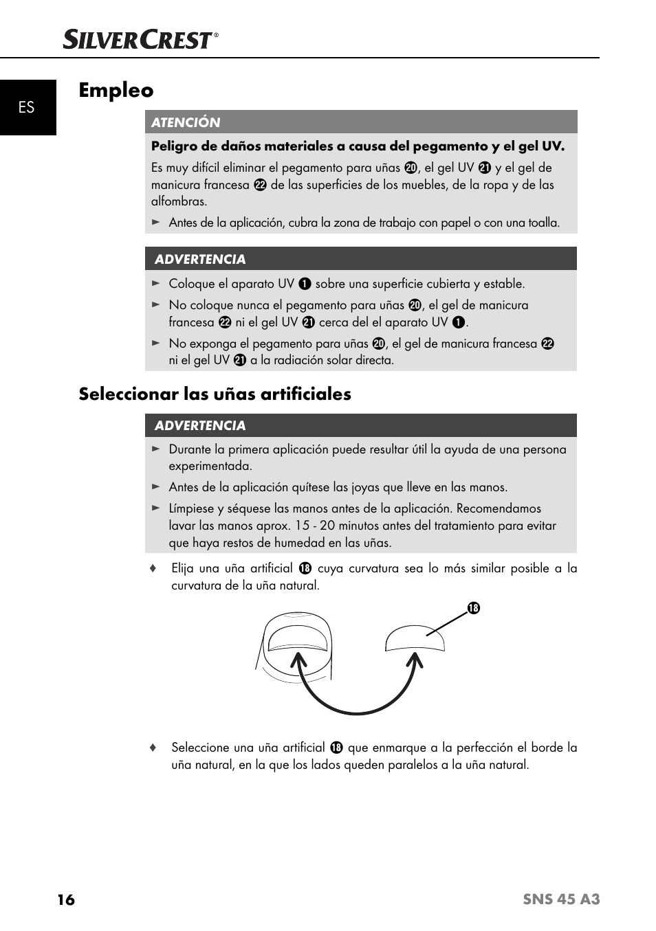 Empleo, Seleccionar las uñas artiﬁ ciales | Silvercrest SNS 45 A3 User Manual | Page 19 / 163