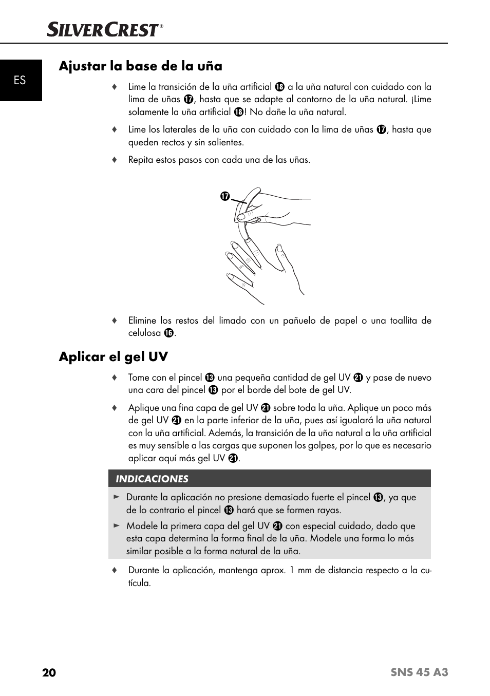 Ajustar la base de la uña, Aplicar el gel uv | Silvercrest SNS 45 A3 User Manual | Page 23 / 163