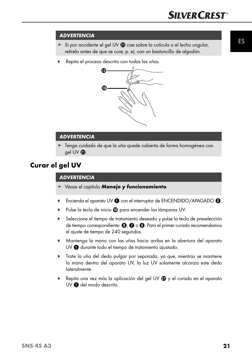 Curar el gel uv | Silvercrest SNS 45 A3 User Manual | Page 24 / 163