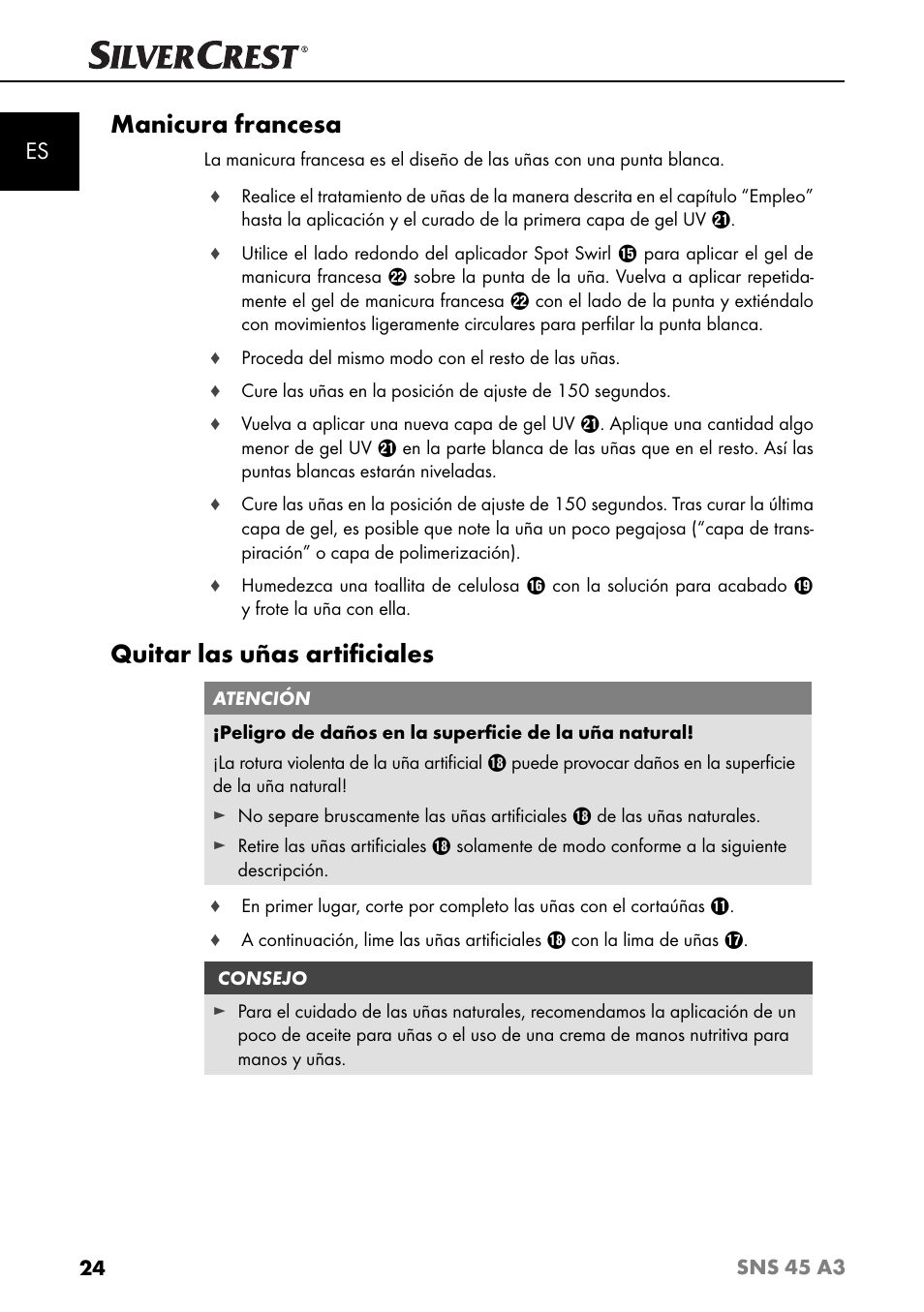 Manicura francesa, Quitar las uñas artiﬁ ciales | Silvercrest SNS 45 A3 User Manual | Page 27 / 163