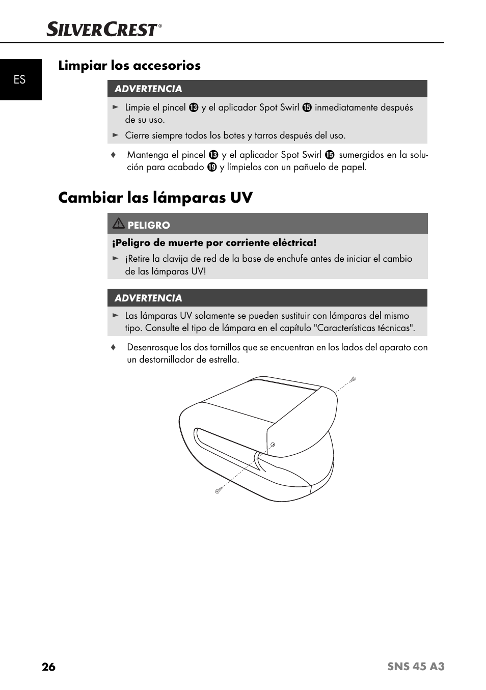 Cambiar las lámparas uv, Limpiar los accesorios | Silvercrest SNS 45 A3 User Manual | Page 29 / 163