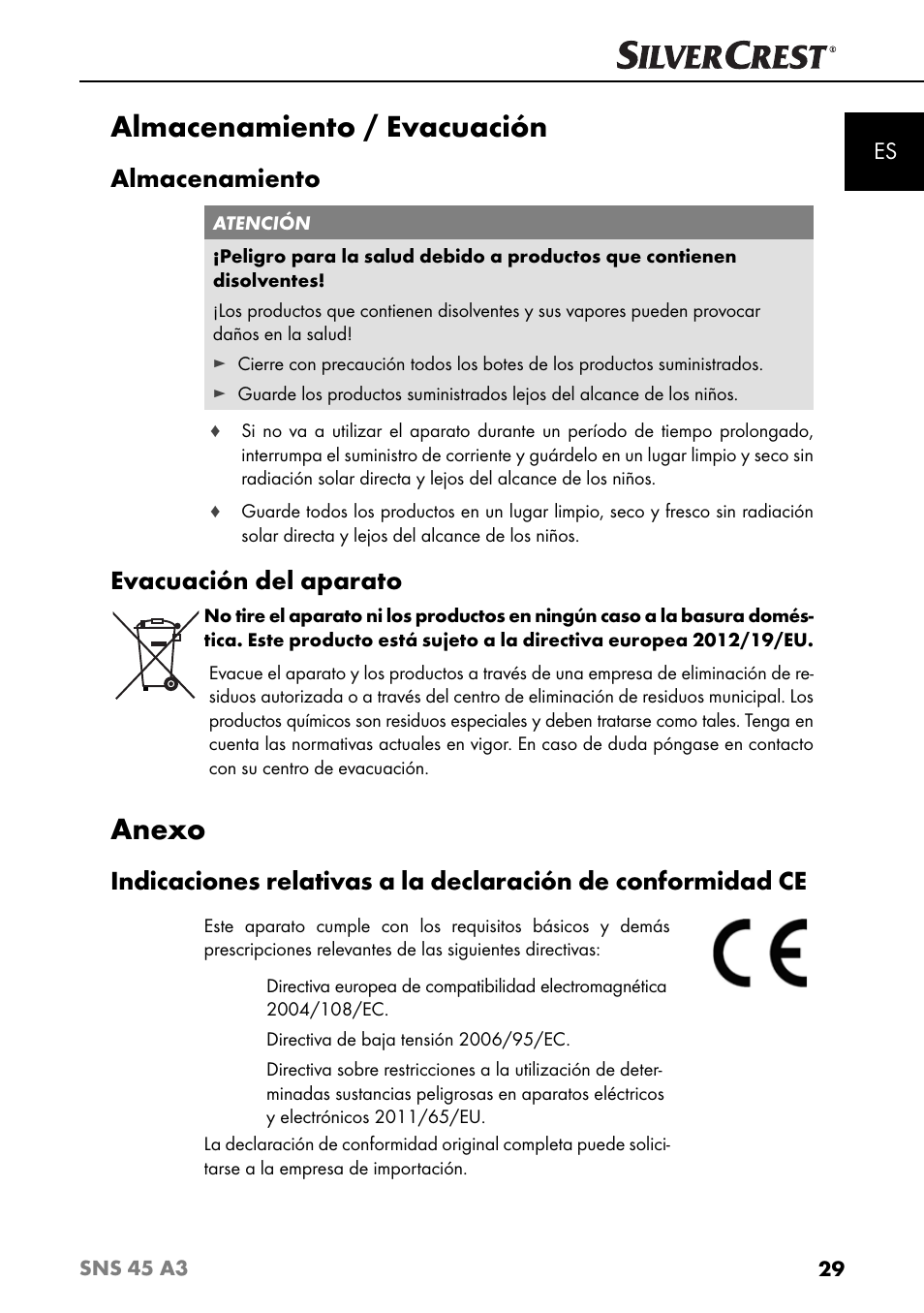 Almacenamiento / evacuación, Anexo, Almacenamiento | Evacuación del aparato | Silvercrest SNS 45 A3 User Manual | Page 32 / 163