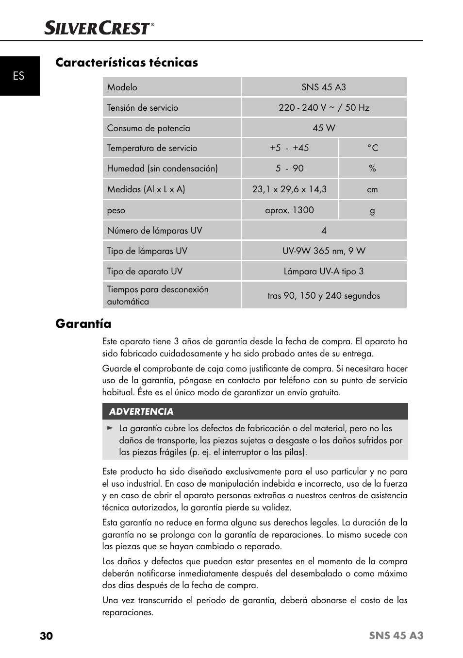 Características técnicas, Garantía | Silvercrest SNS 45 A3 User Manual | Page 33 / 163