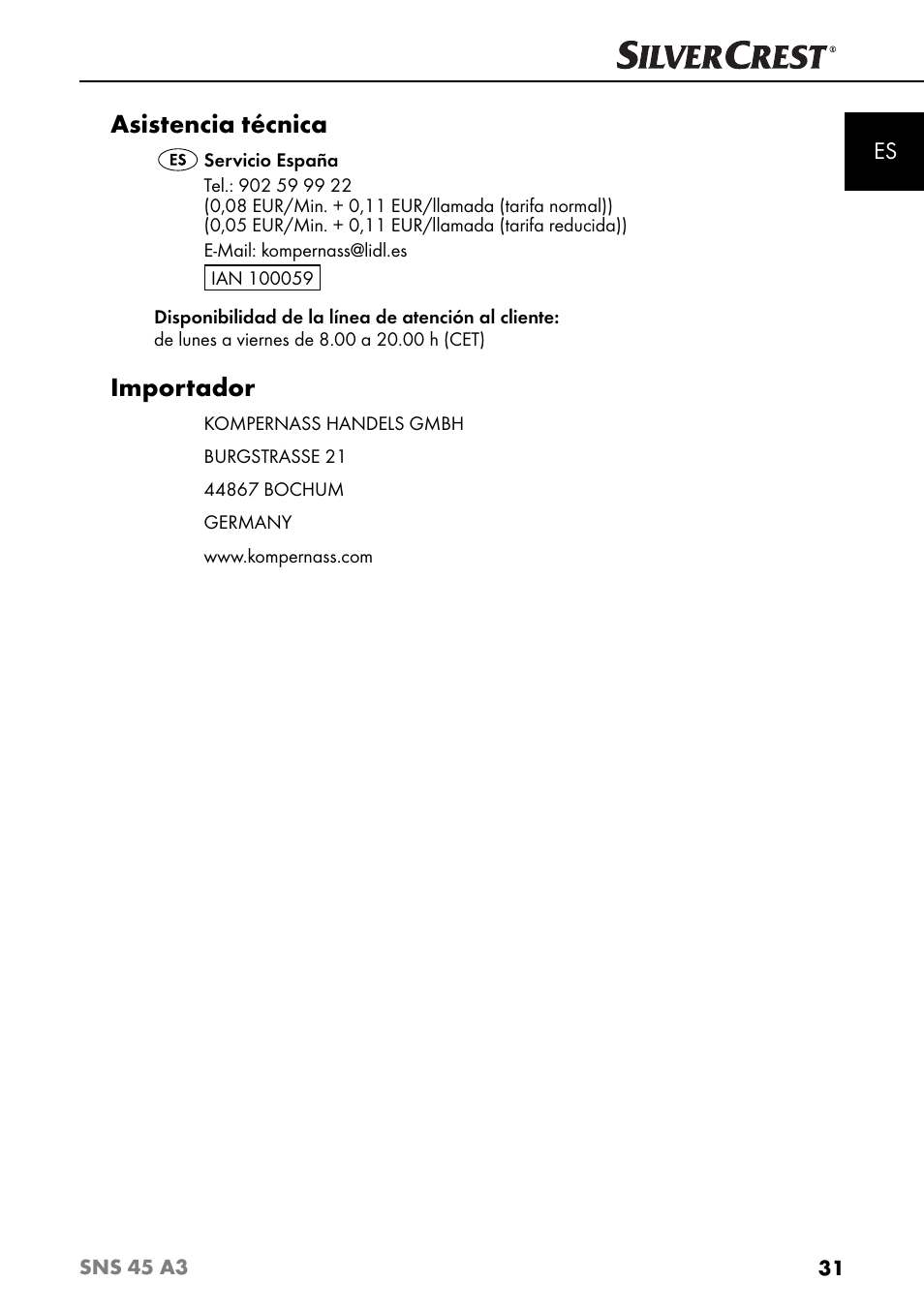 Asistencia técnica, Importador | Silvercrest SNS 45 A3 User Manual | Page 34 / 163