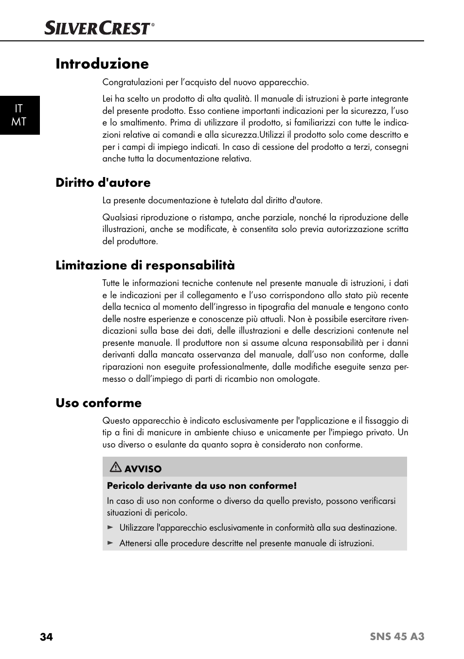 Introduzione, Diritto d'autore, Limitazione di responsabilità | Uso conforme, It mt | Silvercrest SNS 45 A3 User Manual | Page 37 / 163
