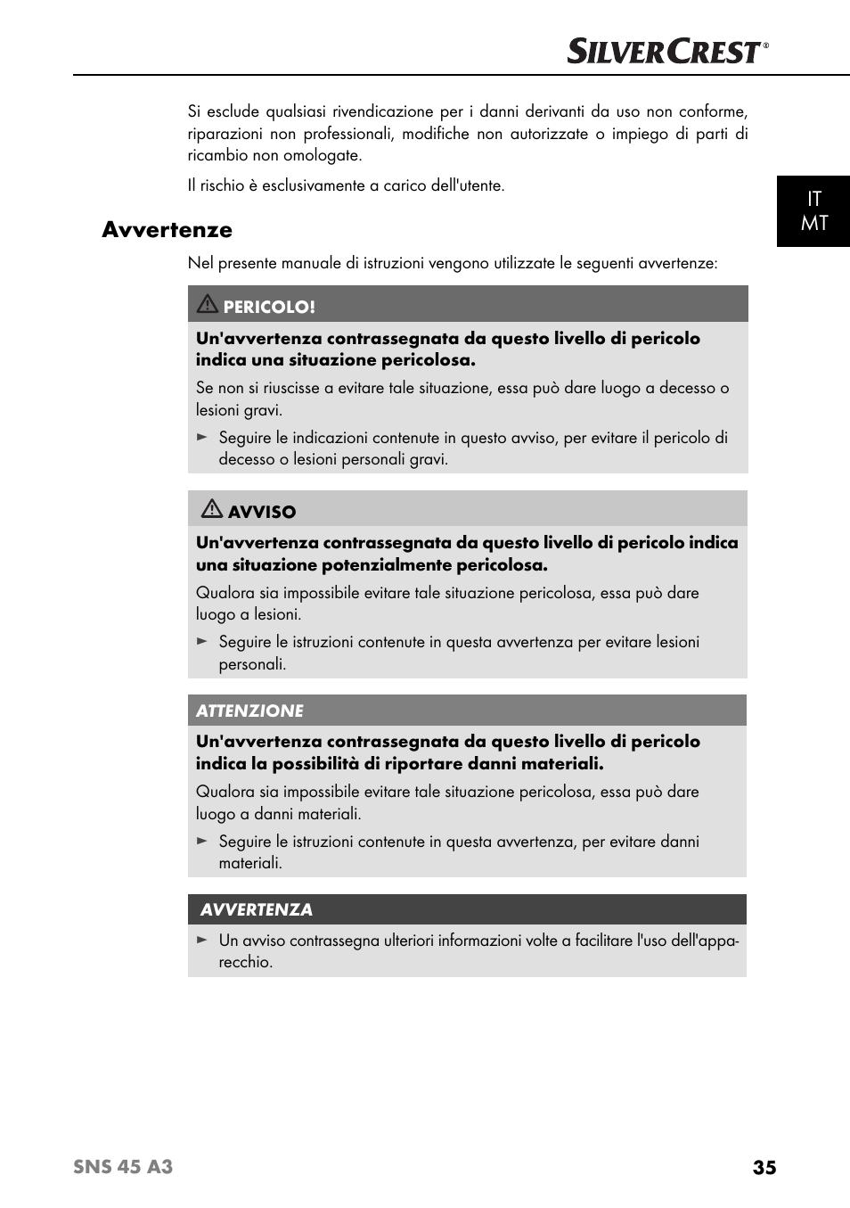 Avvertenze, It mt | Silvercrest SNS 45 A3 User Manual | Page 38 / 163