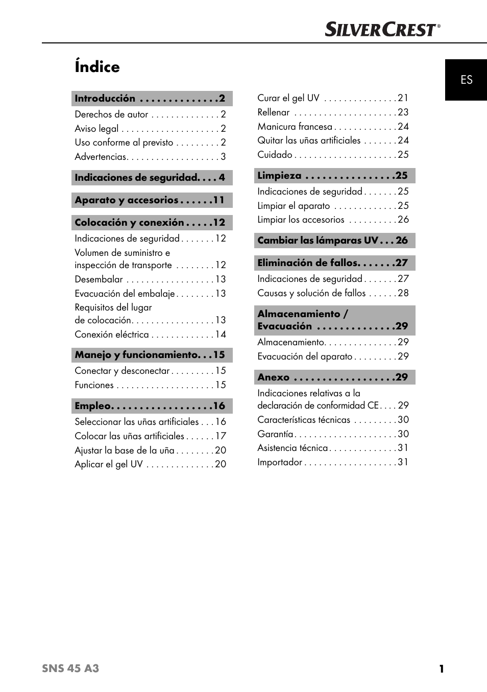 Índice | Silvercrest SNS 45 A3 User Manual | Page 4 / 163