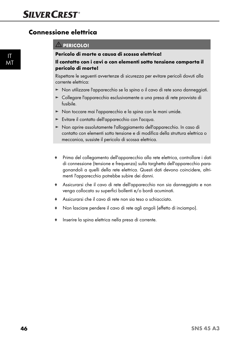 Connessione elettrica, It mt | Silvercrest SNS 45 A3 User Manual | Page 49 / 163