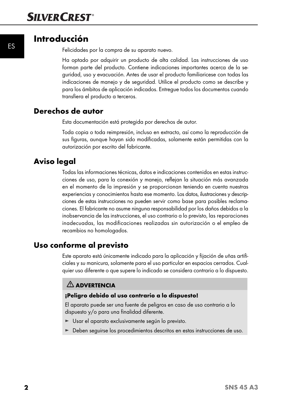 Introducción, Derechos de autor, Aviso legal | Uso conforme al previsto | Silvercrest SNS 45 A3 User Manual | Page 5 / 163