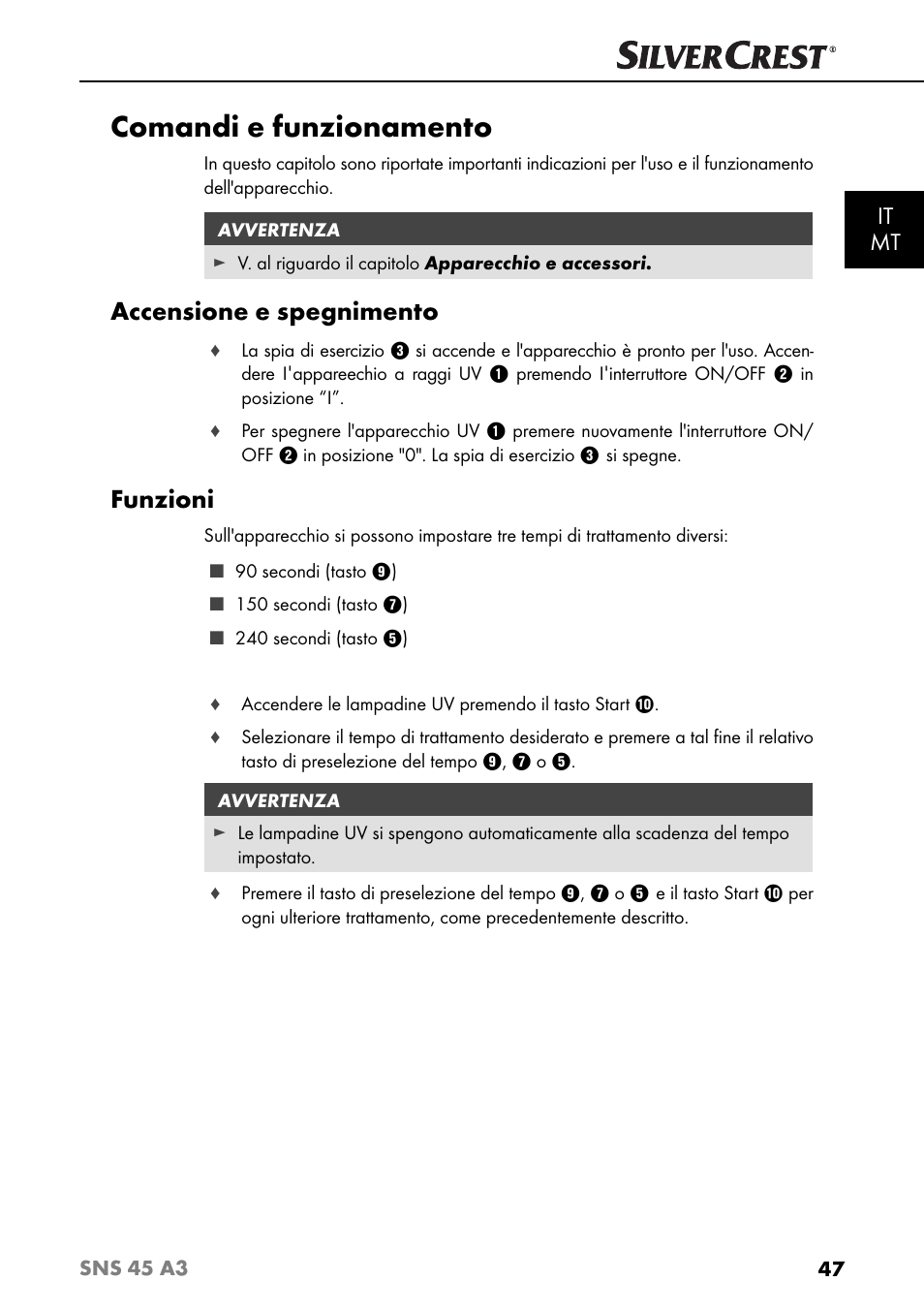 Comandi e funzionamento, Accensione e spegnimento, Funzioni | It mt | Silvercrest SNS 45 A3 User Manual | Page 50 / 163