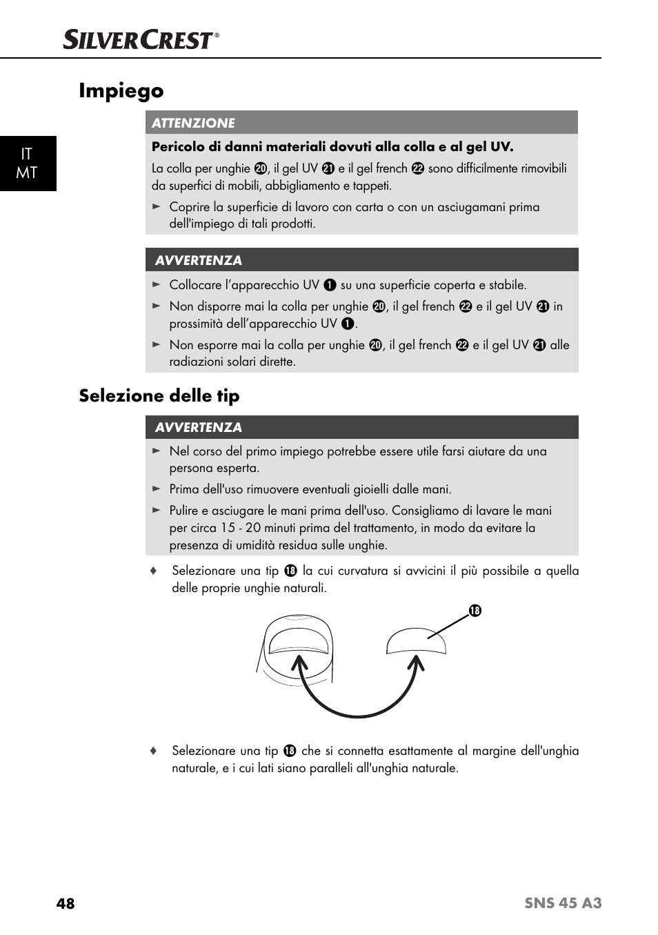 Impiego, Selezione delle tip, It mt | Silvercrest SNS 45 A3 User Manual | Page 51 / 163