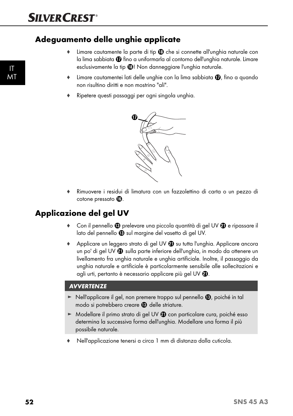 Adeguamento delle unghie applicate, Applicazione del gel uv, It mt | Silvercrest SNS 45 A3 User Manual | Page 55 / 163