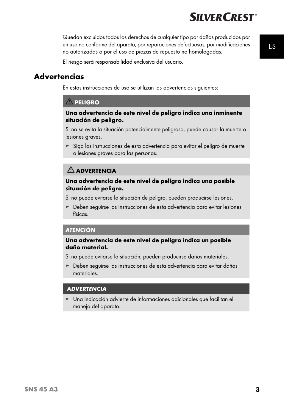 Advertencias | Silvercrest SNS 45 A3 User Manual | Page 6 / 163