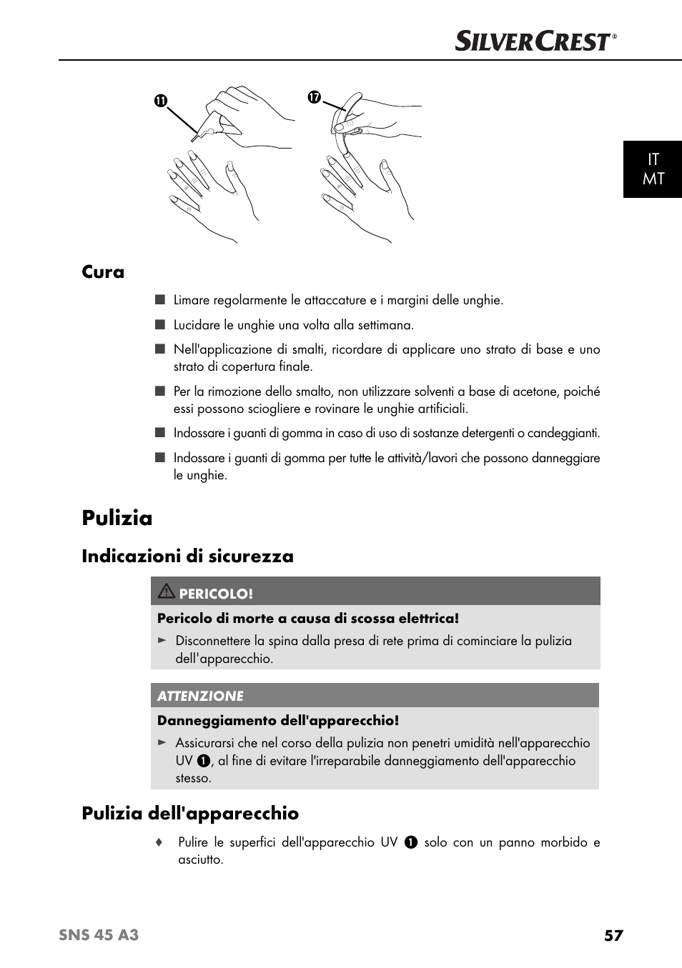 Pulizia, Cura, Indicazioni di sicurezza | Pulizia dell'apparecchio, It mt | Silvercrest SNS 45 A3 User Manual | Page 60 / 163