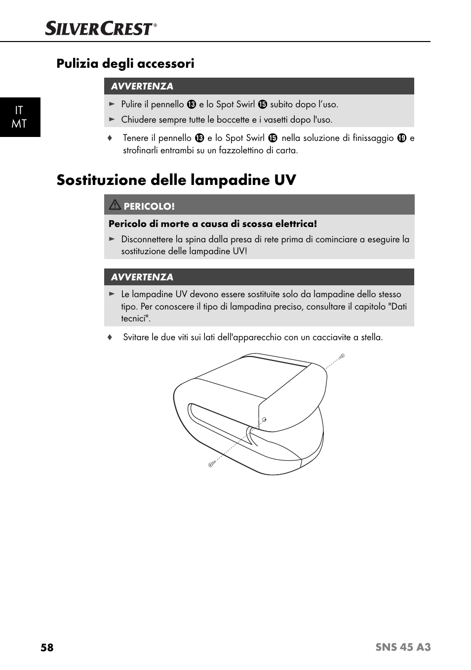 Sostituzione delle lampadine uv, Pulizia degli accessori, It mt | Silvercrest SNS 45 A3 User Manual | Page 61 / 163