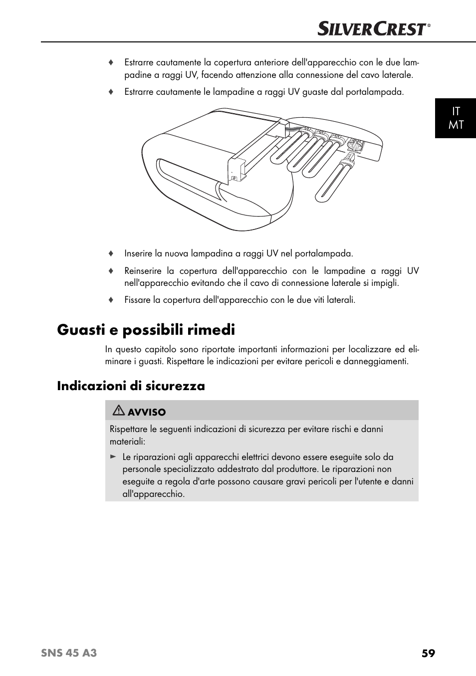 Guasti e possibili rimedi, Indicazioni di sicurezza, It mt | Silvercrest SNS 45 A3 User Manual | Page 62 / 163