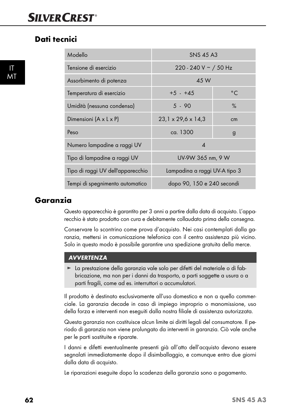 Dati tecnici, Garanzia, It mt | Silvercrest SNS 45 A3 User Manual | Page 65 / 163