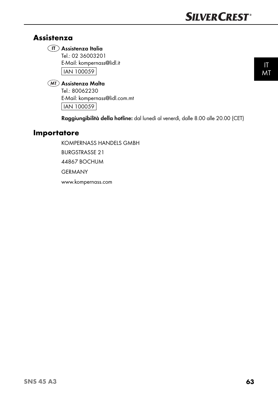 Assistenza, Importatore, It mt | Silvercrest SNS 45 A3 User Manual | Page 66 / 163