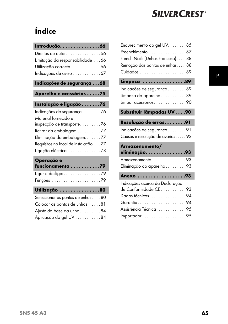 Índice | Silvercrest SNS 45 A3 User Manual | Page 68 / 163