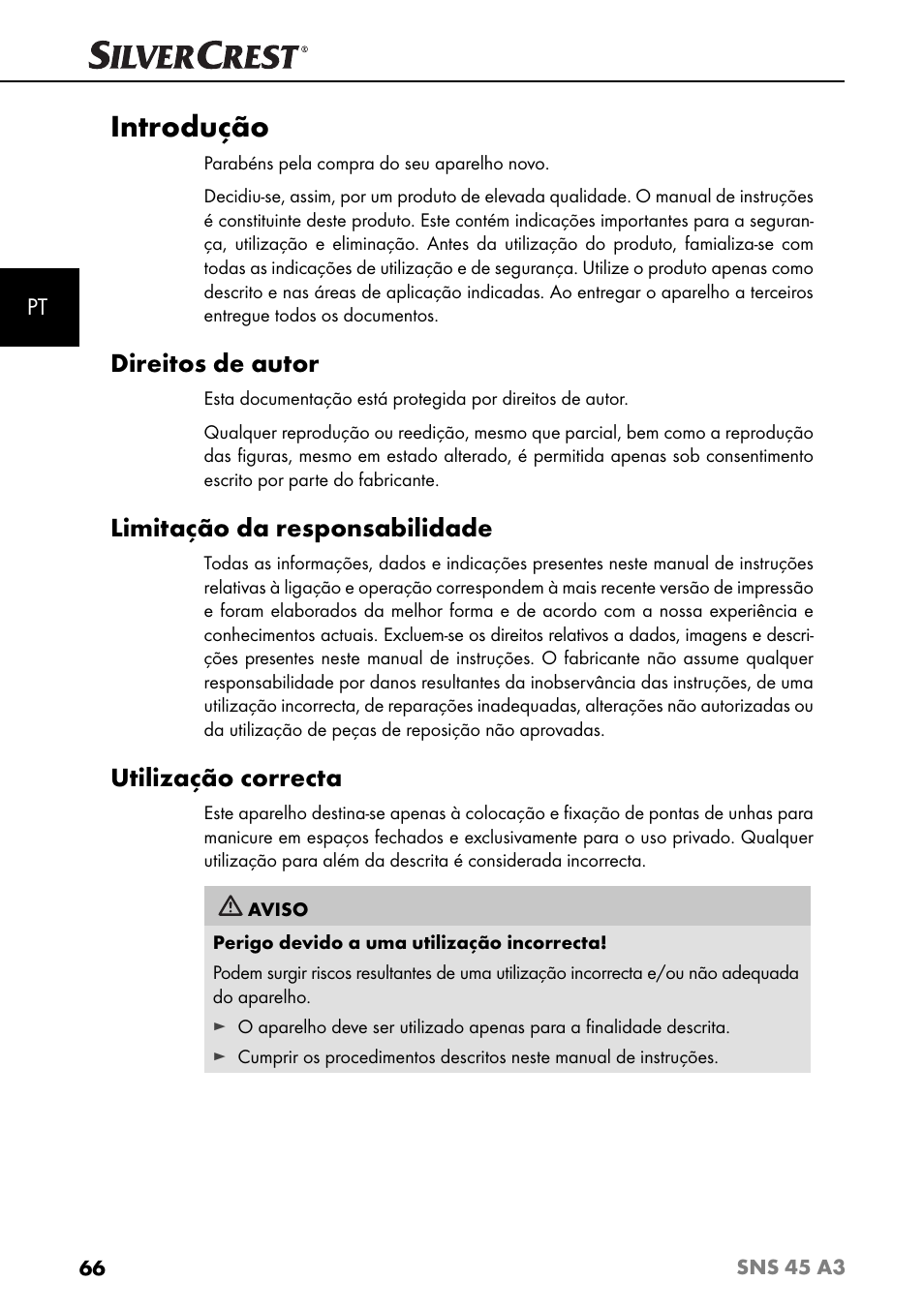 Introdução, Direitos de autor, Limitação da responsabilidade | Utilização correcta | Silvercrest SNS 45 A3 User Manual | Page 69 / 163