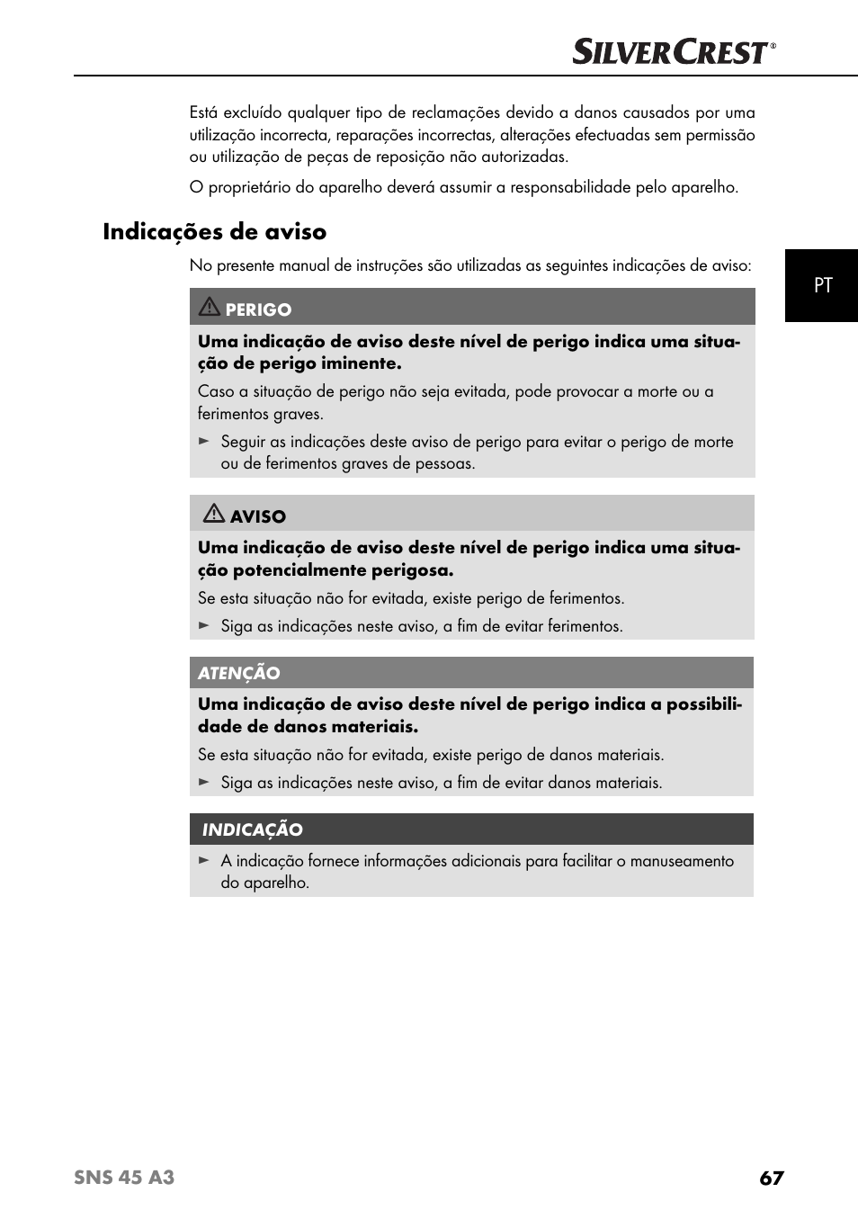 Indicações de aviso | Silvercrest SNS 45 A3 User Manual | Page 70 / 163