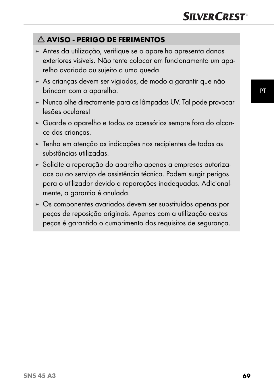 Aviso - perigo de ferimentos | Silvercrest SNS 45 A3 User Manual | Page 72 / 163