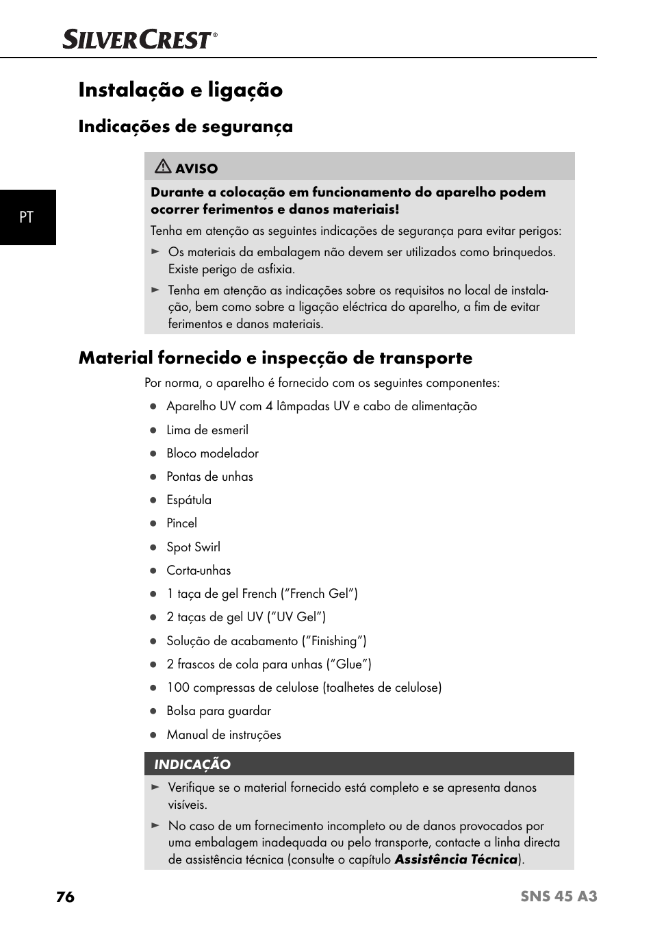 Instalação e ligação, Indicações de segurança, Material fornecido e inspecção de transporte | Silvercrest SNS 45 A3 User Manual | Page 79 / 163