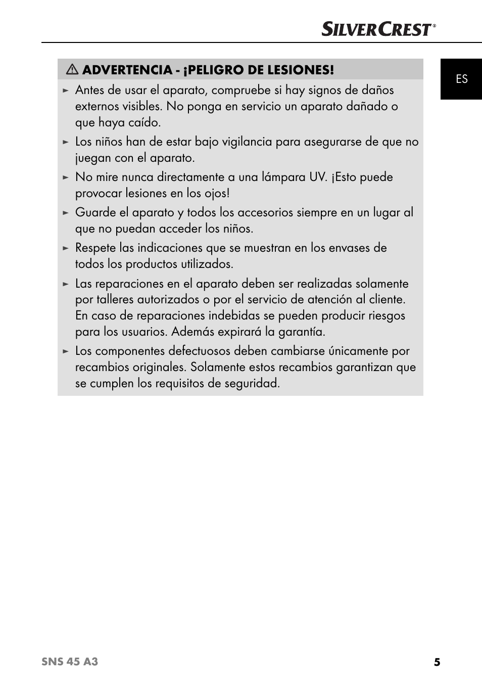 Advertencia - ¡peligro de lesiones | Silvercrest SNS 45 A3 User Manual | Page 8 / 163