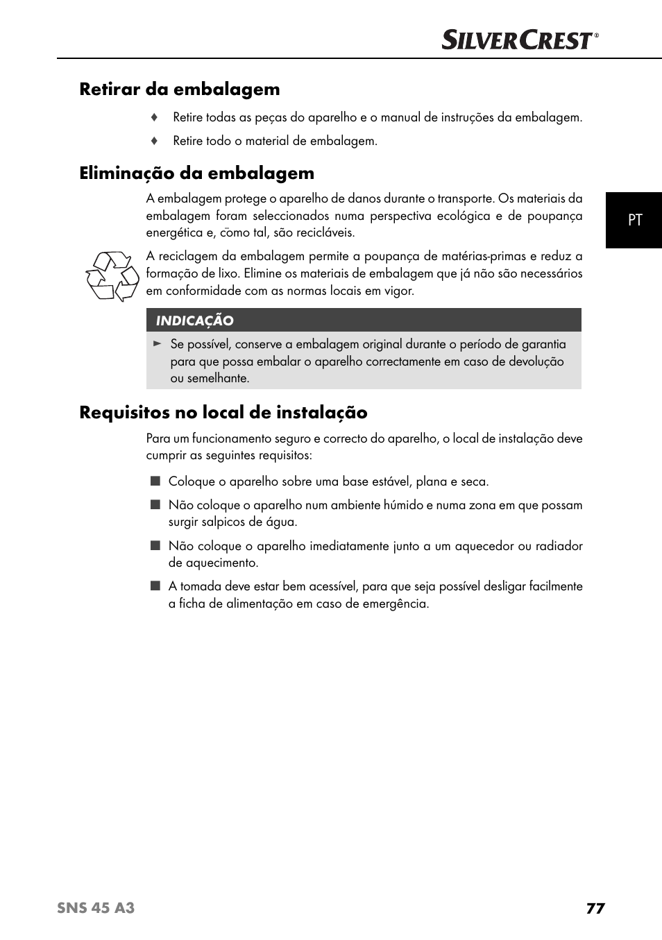 Retirar da embalagem, Eliminação da embalagem, Requisitos no local de instalação | Silvercrest SNS 45 A3 User Manual | Page 80 / 163