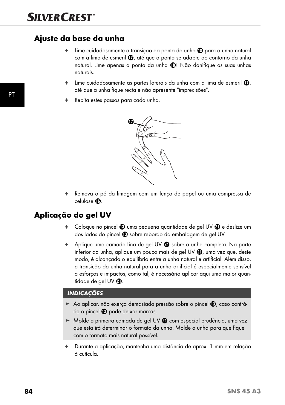 Ajuste da base da unha, Aplicação do gel uv | Silvercrest SNS 45 A3 User Manual | Page 87 / 163