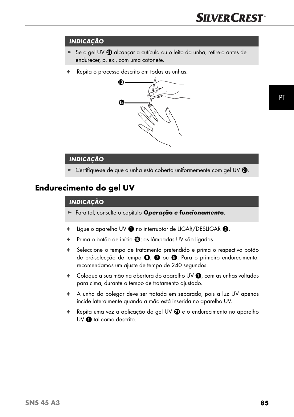 Endurecimento do gel uv | Silvercrest SNS 45 A3 User Manual | Page 88 / 163