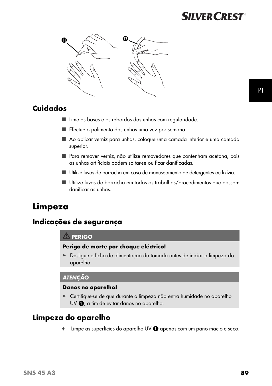 Limpeza, Cuidados, Indicações de segurança | Limpeza do aparelho | Silvercrest SNS 45 A3 User Manual | Page 92 / 163