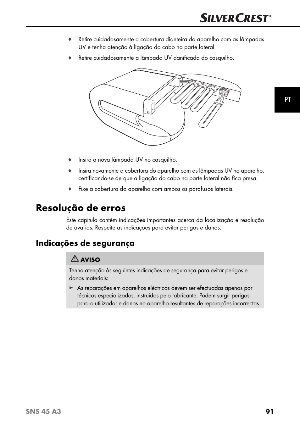 Resolução de erros, Indicações de segurança | Silvercrest SNS 45 A3 User Manual | Page 94 / 163