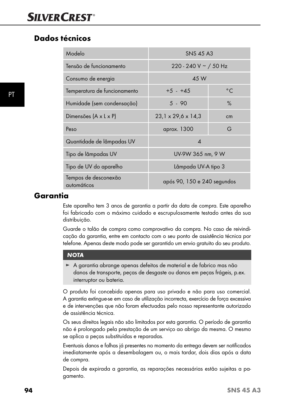 Dados técnicos, Garantia | Silvercrest SNS 45 A3 User Manual | Page 97 / 163