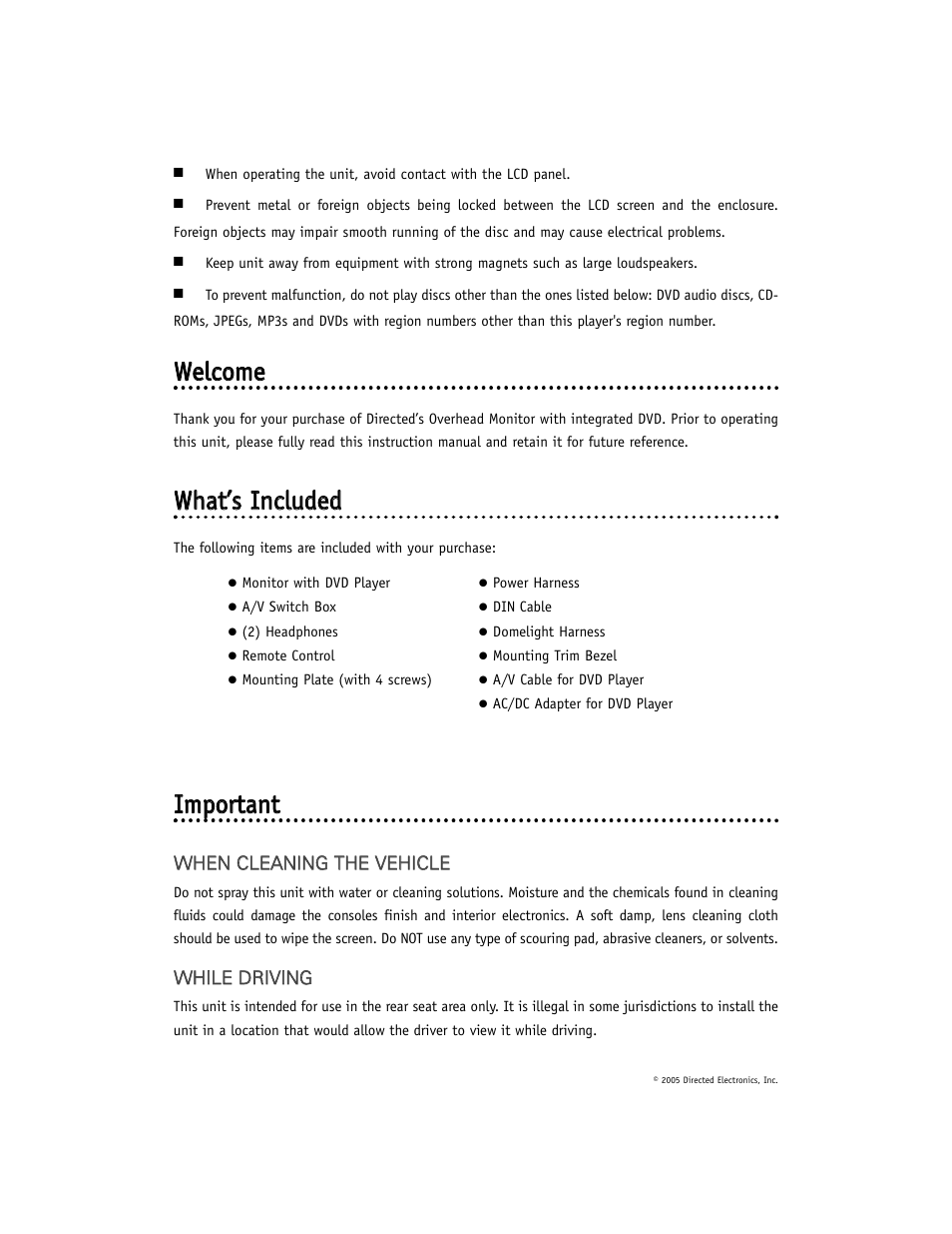 Wweellcco om mee, Wwh haatt’’ss iin nccllu ud deed d, Iim mp po orrttaan ntt | Directed Electronics OHD1021 User Manual | Page 6 / 42