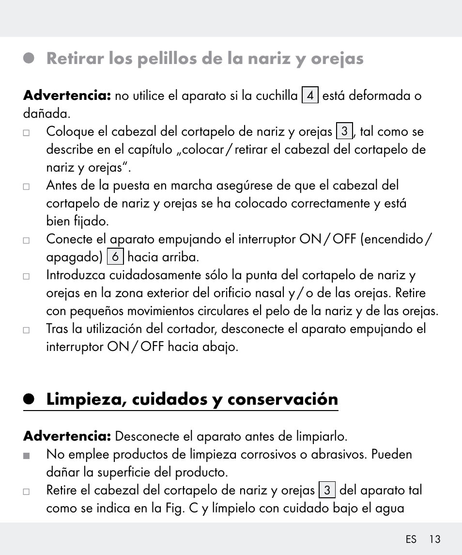 Retirar los pelillos de la nariz y orejas, Limpieza, cuidados y conservación | Silvercrest Z31437 User Manual | Page 13 / 65