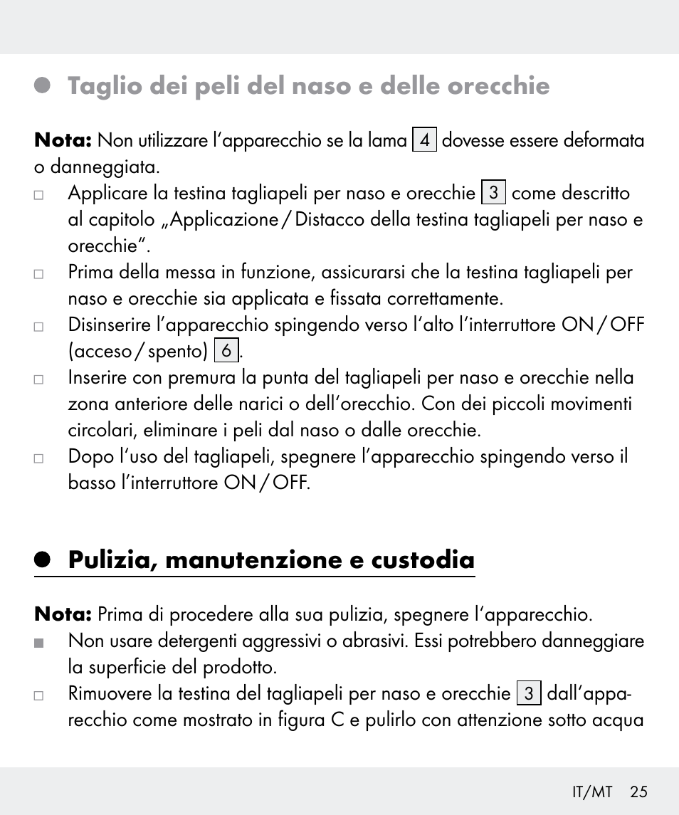 Taglio dei peli del naso e delle orecchie, Pulizia, manutenzione e custodia | Silvercrest Z31437 User Manual | Page 25 / 65
