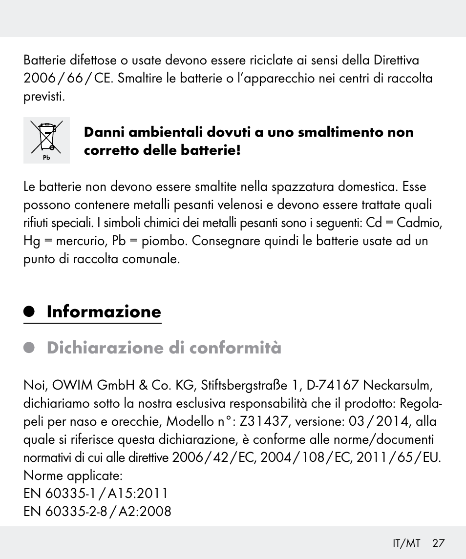 Informazione dichiarazione di conformità | Silvercrest Z31437 User Manual | Page 27 / 65