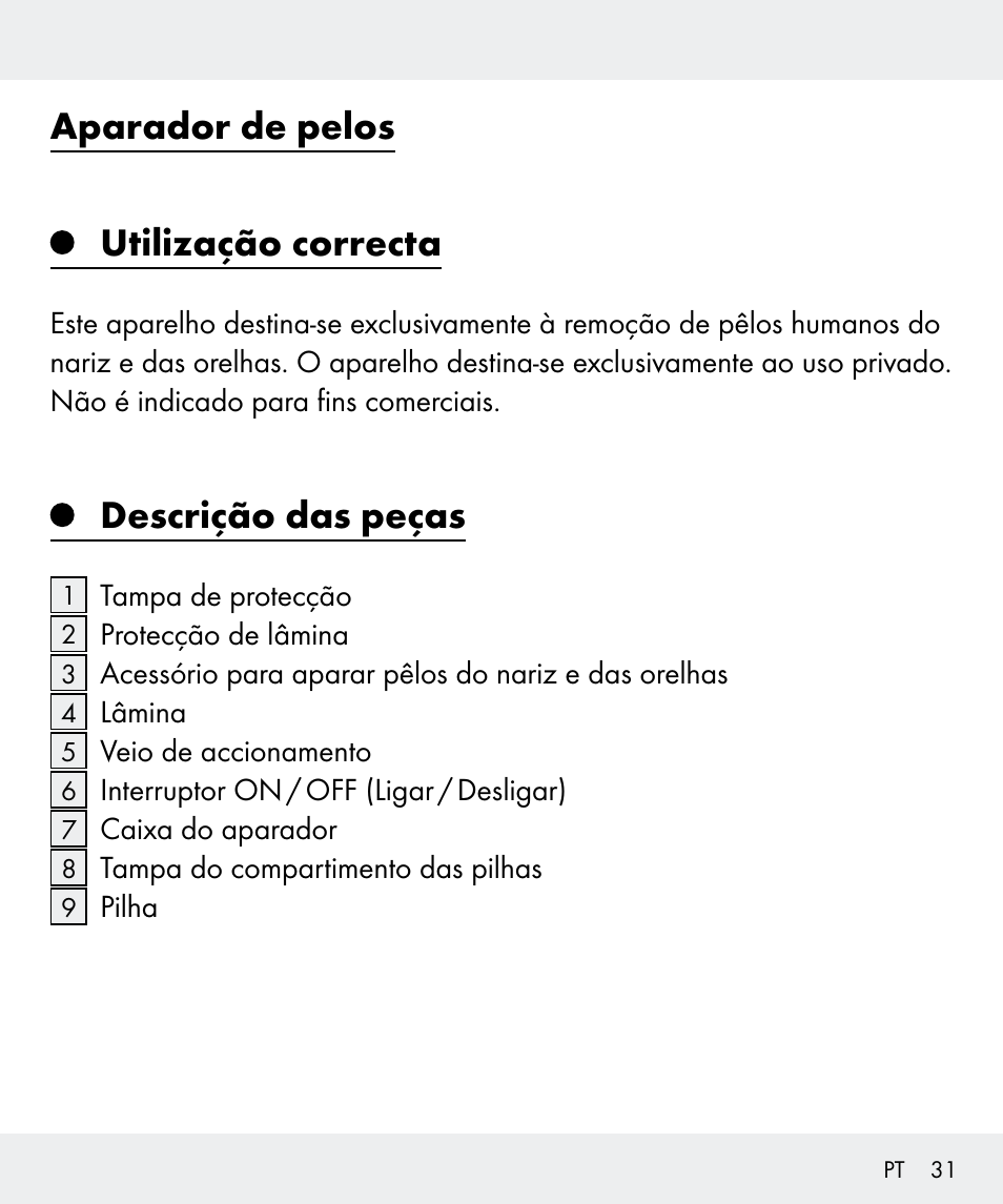 Aparador de pelos utilização correcta, Descrição das peças | Silvercrest Z31437 User Manual | Page 31 / 65