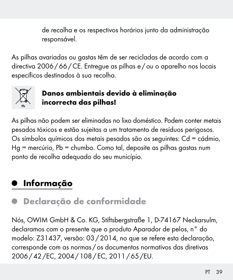Informação declaração de conformidade | Silvercrest Z31437 User Manual | Page 39 / 65