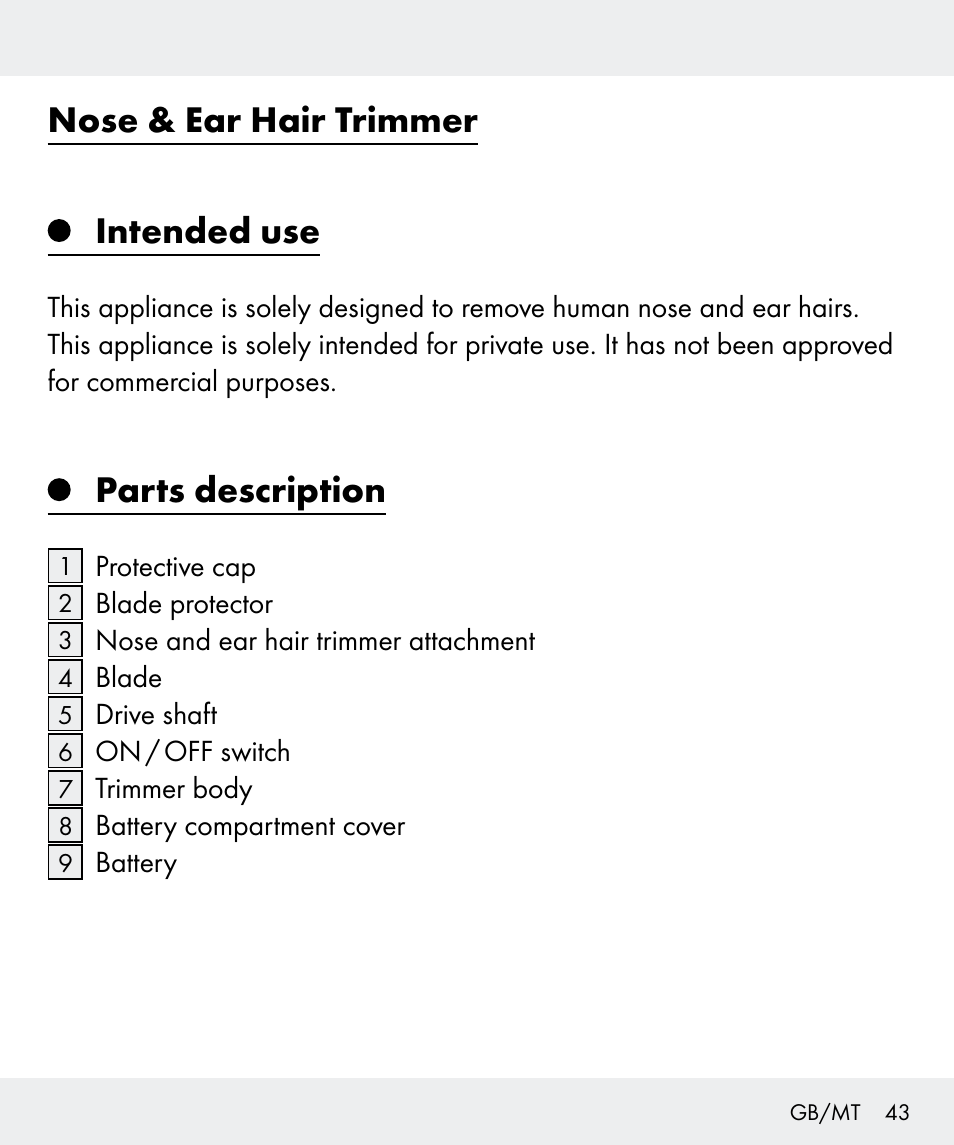 Nose & ear hair trimmer intended use, Parts description | Silvercrest Z31437 User Manual | Page 43 / 65