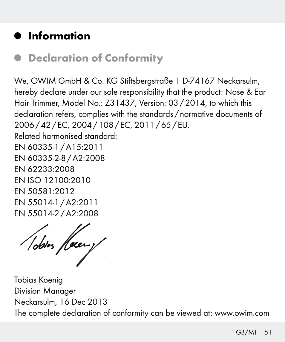 Information declaration of conformity | Silvercrest Z31437 User Manual | Page 51 / 65