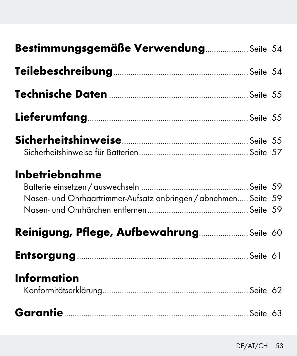 Bestimmungsgemäße verwendung, Teilebeschreibung, Technische daten | Lieferumfang, Sicherheitshinweise, Inbetriebnahme, Reinigung, pflege, aufbewahrung, Entsorgung, Information, Garantie | Silvercrest Z31437 User Manual | Page 53 / 65