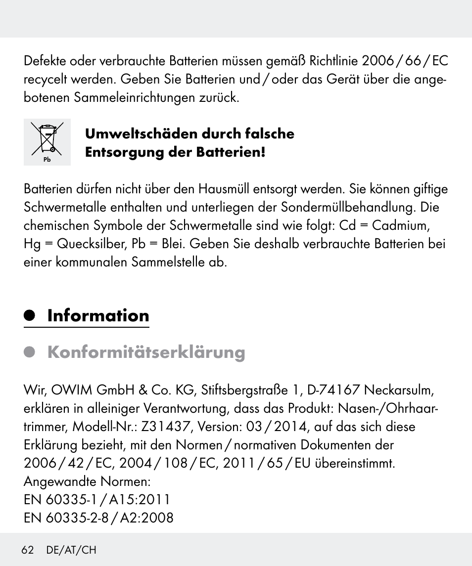 Information konformitätserklärung | Silvercrest Z31437 User Manual | Page 62 / 65