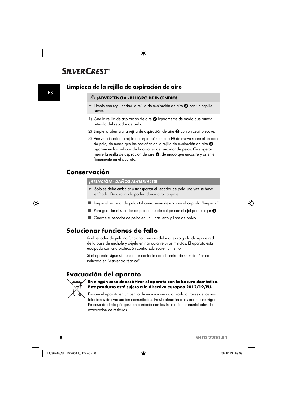 Conservación, Solucionar funciones de fallo, Evacuación del aparato | Limpieza de la rejilla de aspiración de aire | Silvercrest SHTD 2200 A1 User Manual | Page 11 / 54