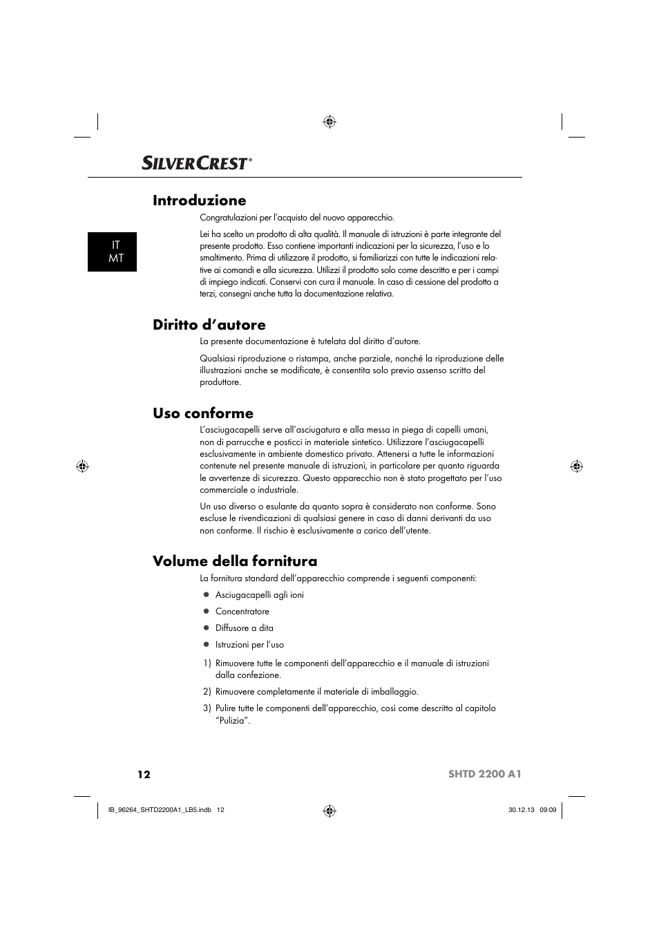 Introduzione, Diritto d’autore, Uso conforme | Volume della fornitura, It mt | Silvercrest SHTD 2200 A1 User Manual | Page 15 / 54